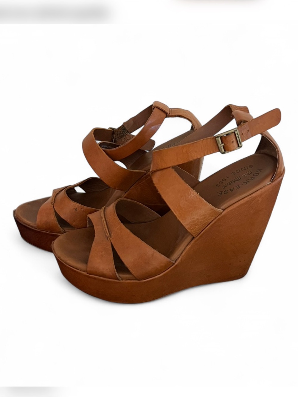 Kork-Ease Women's Tan Leather Boho Wedge Sandals Size 9